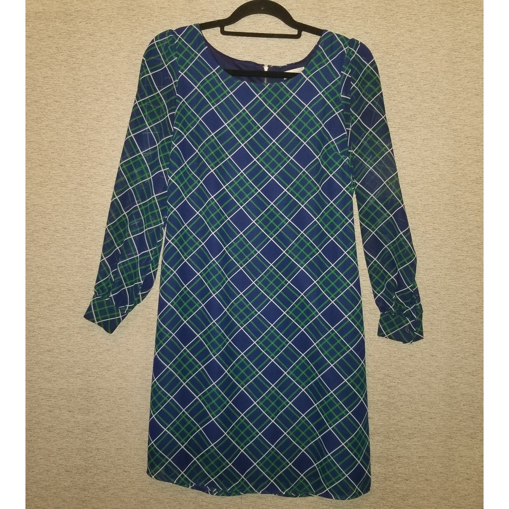 Charming Charlie Dress Size Small Ruffle Hem Long Sleeve Green Blue Plaid Lined